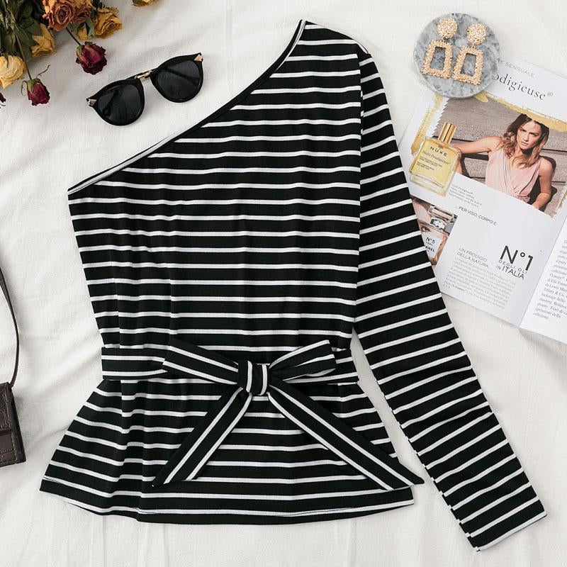 One shoulder stripes slim blouse