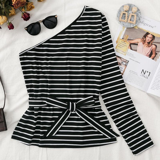 One shoulder stripes slim blouse