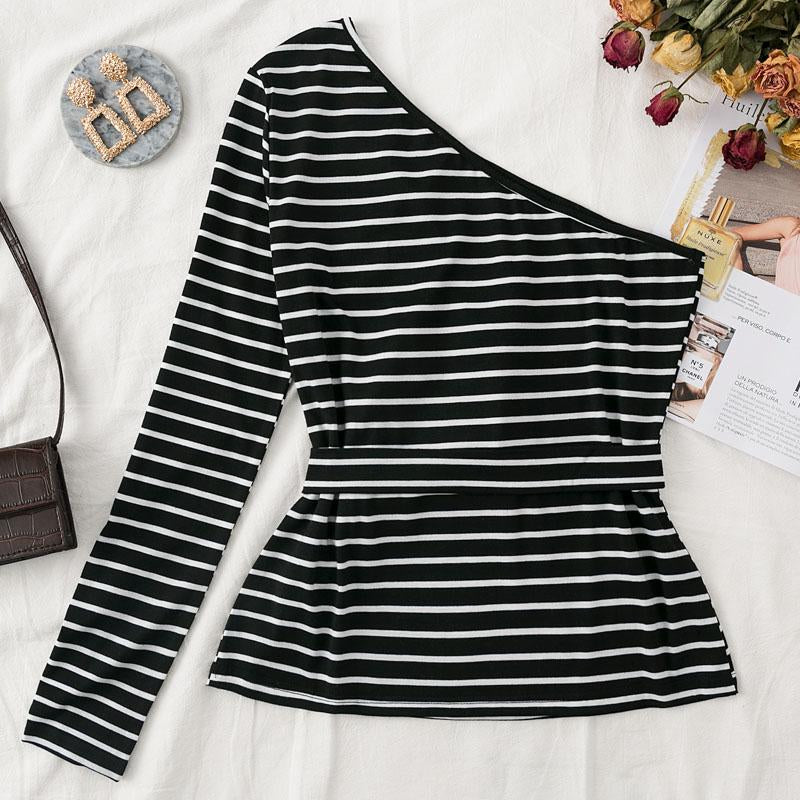 One shoulder stripes slim blouse