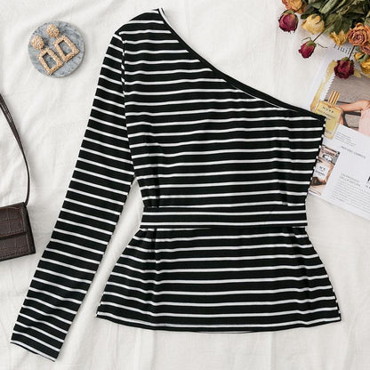 One shoulder stripes slim blouse
