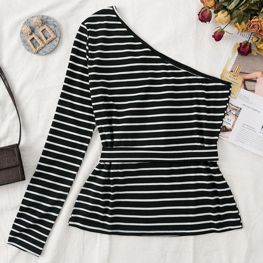 One shoulder stripes slim blouse