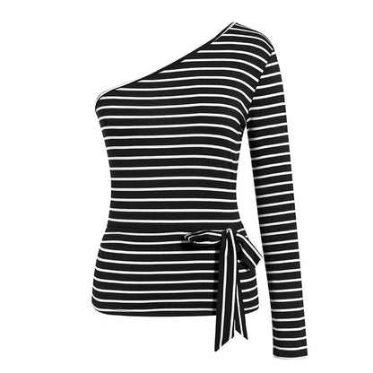 One shoulder stripes slim blouse